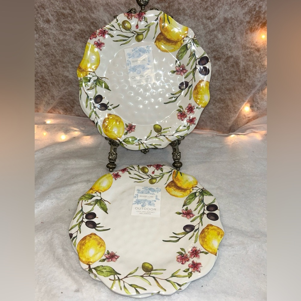 4 Shabby Chic Melamine Lemon Olive Floral Tuscany 11" Dinner Plates Outdoor